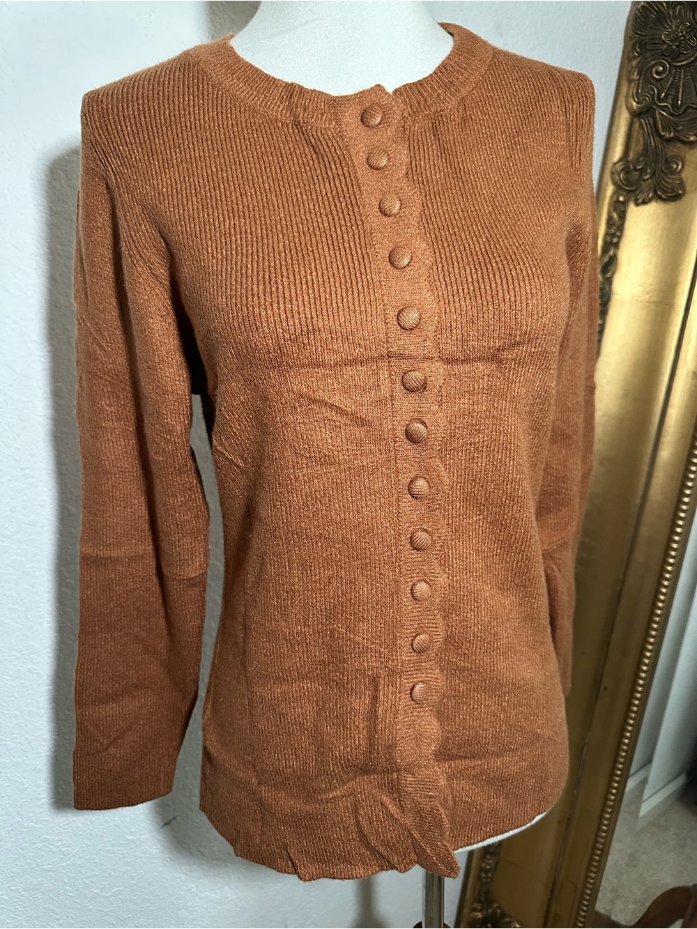 NWT Amazon Rich Brown Medium Weight Knit Ruffle Button Front Cardigan Sweater